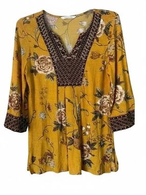 Soft Surroundings Etana Tunic Mustard Gold Floral Embroidered Boho Peasant Top
